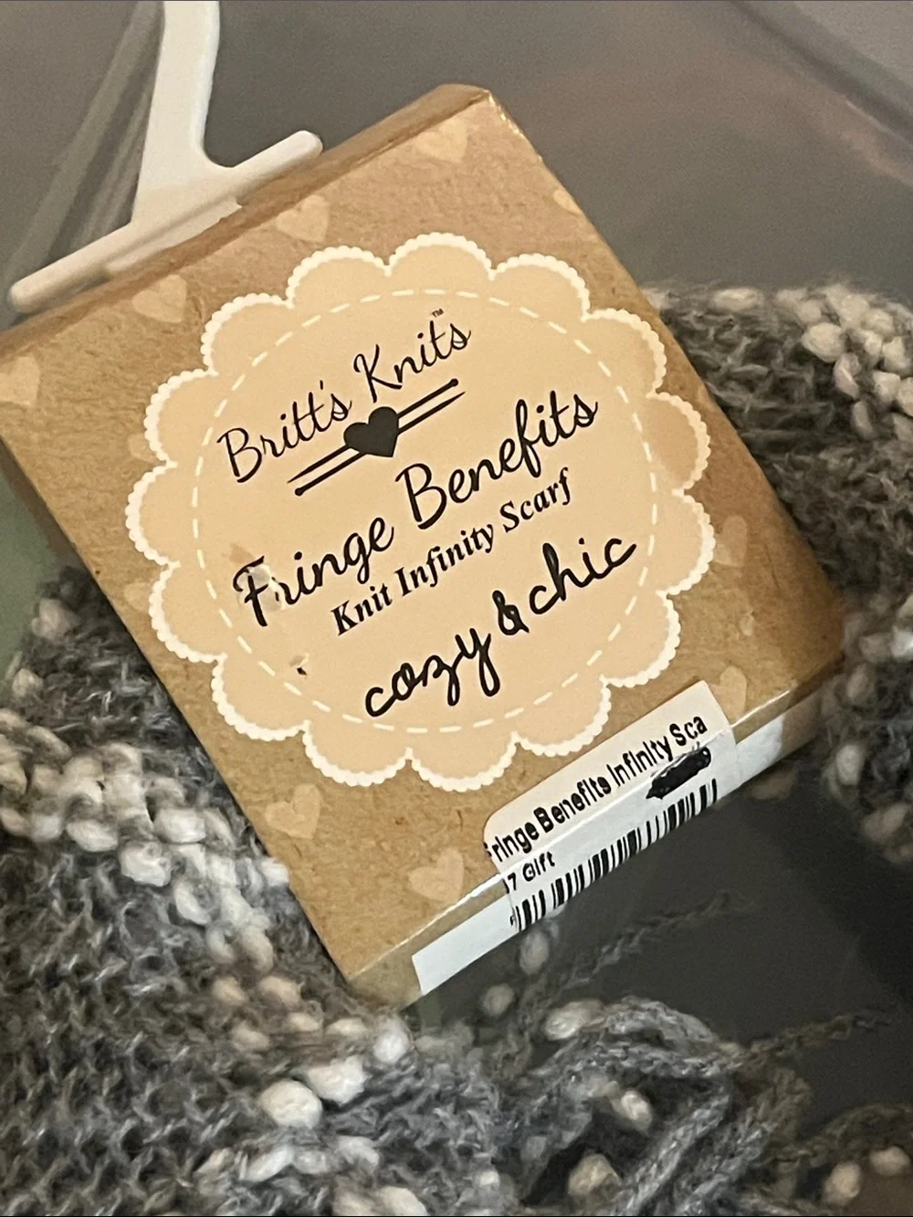 Britt’s Knits Gray & White Knit Fringe Infinity Scarf S77